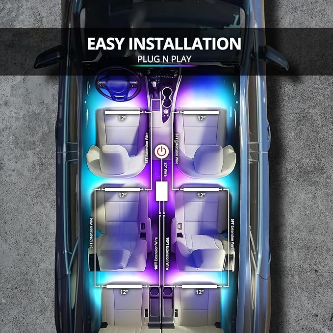 OPT7 Aura DreamColor RGB-IC Car Interior Ambient Light, 6PC Double Row LED Strips, Color Chasing Light Kit w/APP & Remote Control, Universal for Vehicles SUV Trucks Pickups Van