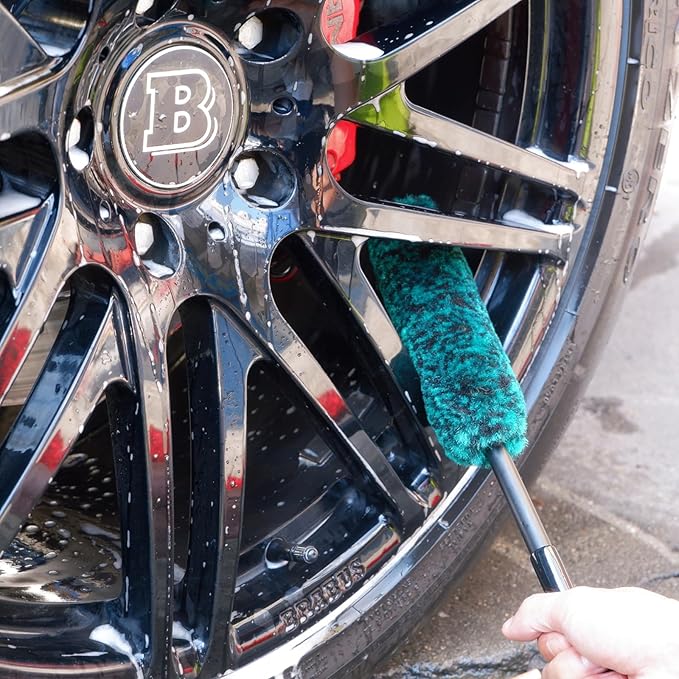 Professional 4 Pack Long Handle Wheel Brush Kit for Cleaning Wheel and Tire- 2X Soft Wheel Cleaning Brush, Detailing Brush and Stiff Tire Brush, Bendable& Durable Wheel Rim Cleaner Brush Set