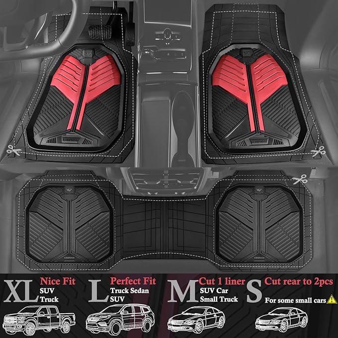 CAR PASS Heavy Duty Rubber Car Mats, Deep-Dish Car Floor Mats All Weather, Universal Two-Tone Trim-to-Fit for SUVs Trucks Sedans, Waterproof Anti-Slip, 3 Pieces V12 Black and Metallic Red