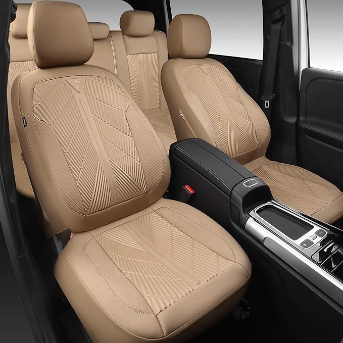 CAR PASS Waterproof Car seat Covers Full Sets Neoprene Wetsuit, All-Weather Non-Slip Durable, Universal Fit for SUV Sedans Trucks Vans Automotive, Armrest Airbag Compatible, 3D Emboss All Beige