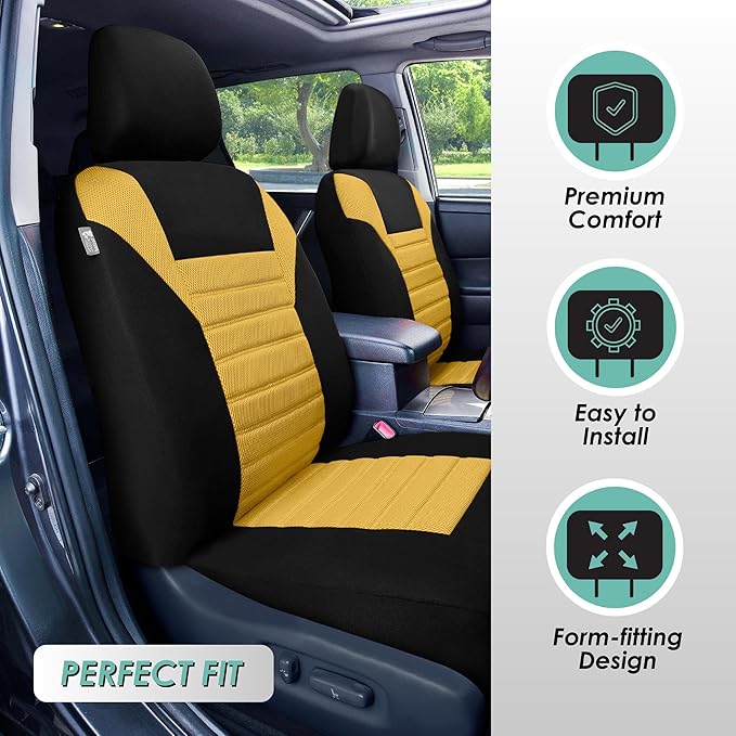 FH Group Automotive Car Seat Covers Full Set Premium 3D Air Mesh Front Seat Covers, Airbag Compatible & Split Bench Cover Universal Fit Interior Accessories for Cars Trucks and SUVs - Yellow