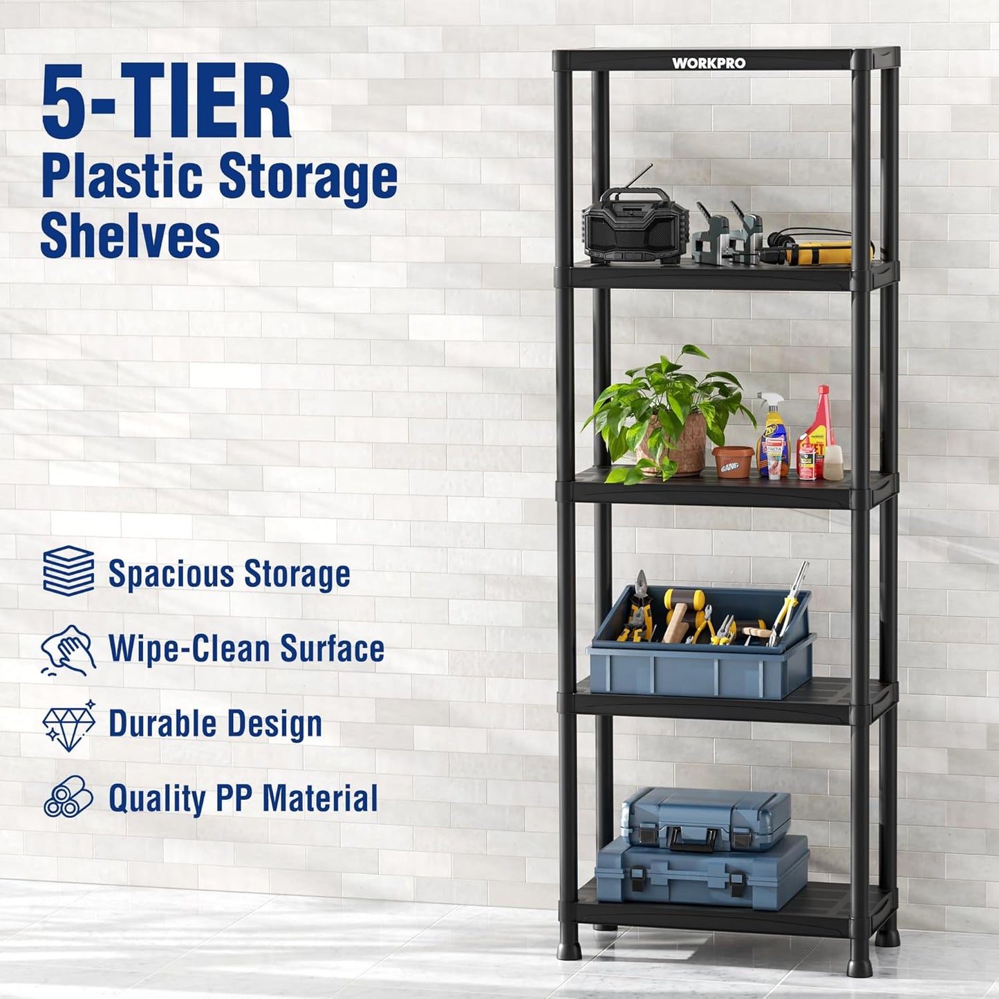 WORKPRO 5-Tier Plastic Storage Shelves, 500lb Capacity Shelving Unit, 67.1" H x 23.9" W x 12" D, Storage Rack for Garage, Home, Pantry, Office, Laundry, Tool-Free Assembly, Black