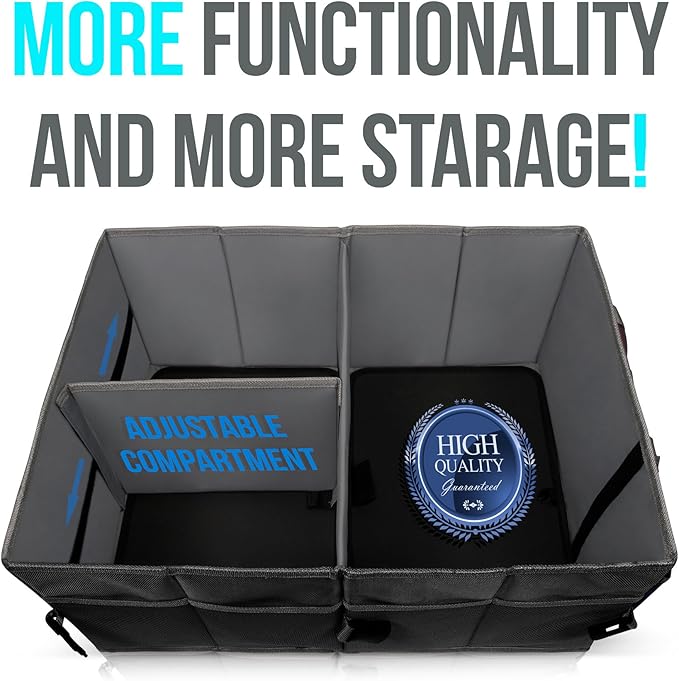 Car Trunk Organizer – Large Collapsible Storage Box with Adjustable Compartments – Heavy-Duty Cargo Organizer for SUV, Truck & Car – Non-Slip Waterproof Trunk Storage Bin for Groceries & Tools