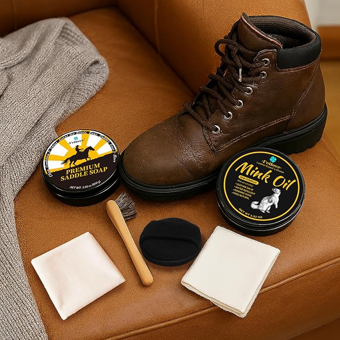 Saddle Soap for Leather – 6-in-1 Leather Cleaner & Conditioner with Saddle Soap & Mink Oil (3.52oz Each), Brush, Sponge & Towels – Complete Care Kit for Leather Boots, Bags, Car Interiors, Shoes
