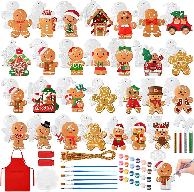 TecUnite 28 Pcs Ceramic to Paint Christmas Ornament Crafts Adults Unpainted DIY Ceramic Figurines Decorate and Paint Your Own Ornaments Kits DIY Craft Xmas Holiday Activities(Gingerbread Man)