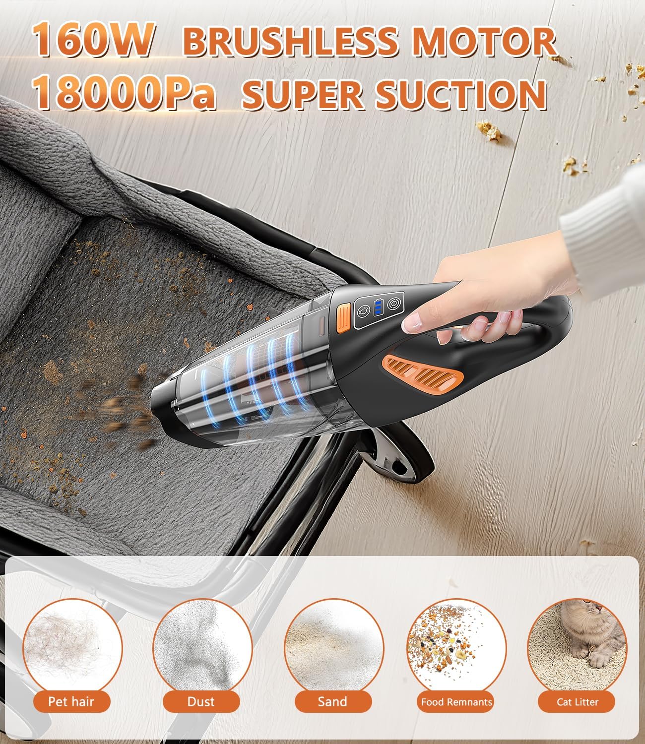Handheld Vacuum Cordless, 18000Pa 160W Hand,30Min Car Vacuum Portable Cordless Rechargeable High Power Lightweight LED Light Fast Charge Vacuum Cleaner for Car Home
