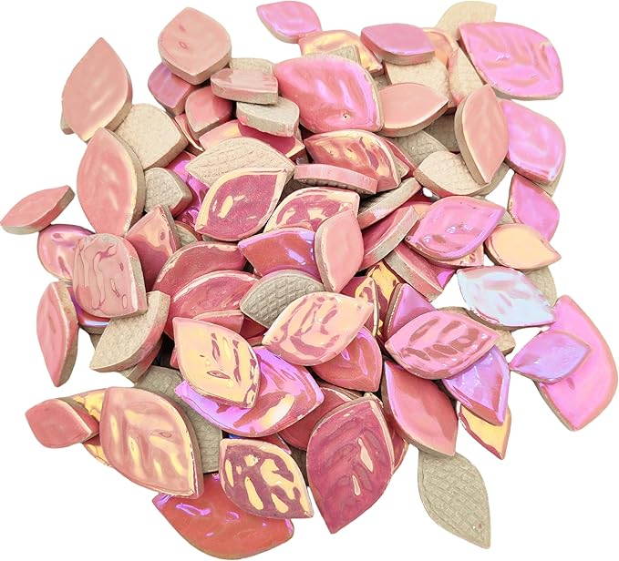1.1LB Iridescent Leaves Ceramics Mosaic Tiles,Making Creative 3 Size Ceramic Mosaic Pieces for DIY Craft,Flowerpots,Vases,Cups,Garden Decor Mosaic Making Supplies (Pink)