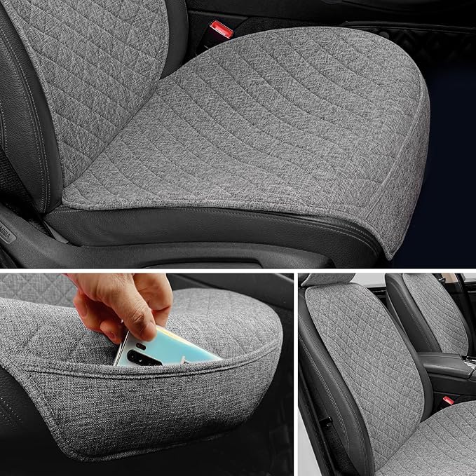 Linen Car Seat Covers Front Seat Covers Breathable Cloth Fabric Car Seat Protector - Universal Fit for Cars, Vans, SUVs, Trucks - 2 Units - Gray