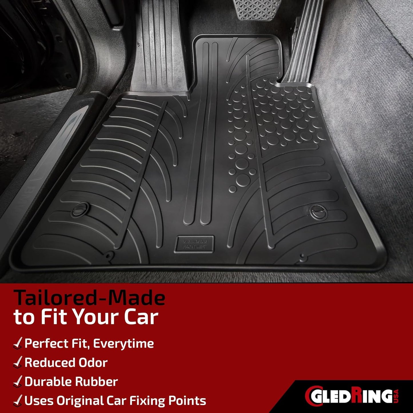 Gledring USA Custom Fit All-Weather Rubber Floor Mats Intended for Mercedes Benz Sprinter Without Air Vent/Channel FWD - 2019-2023, No Trimming Required, Tailored Custom Fit, Protects from Rain