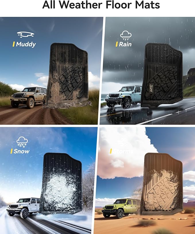 3W Floor Mats Fit for Jeep Wrangler 4XE 2021-2024 2025 Hybrid 4 Door (Non JL or JK), Black All-Weather TPE Floor Liner for 1st and 2nd Row Full Set Car Mats, Grey Logo