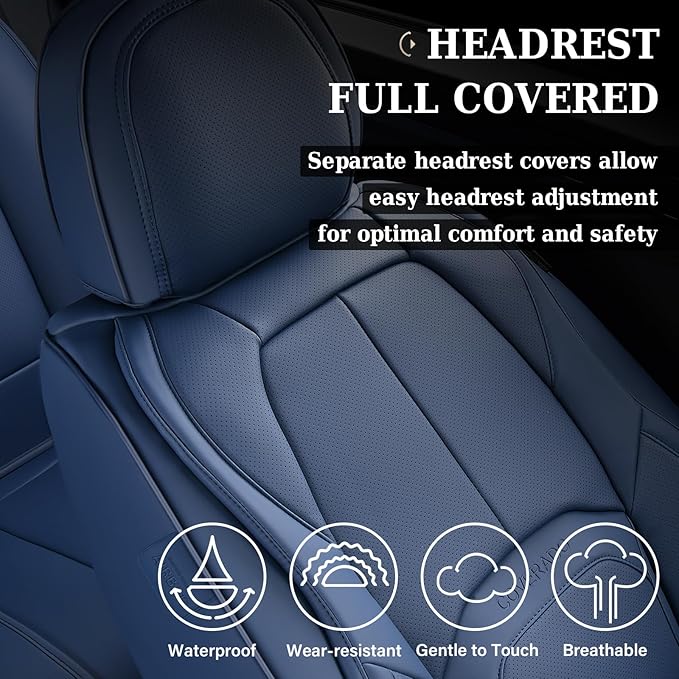 Coverado Car Seat Covers Full Set, Blue Car Seat Cover, Nappa Leather Seat Covers for Cars, Waterproof Car Seat Protector with Lumbar Support, Automotive Seat Covers Universal Fit for Most Cars (Blue)