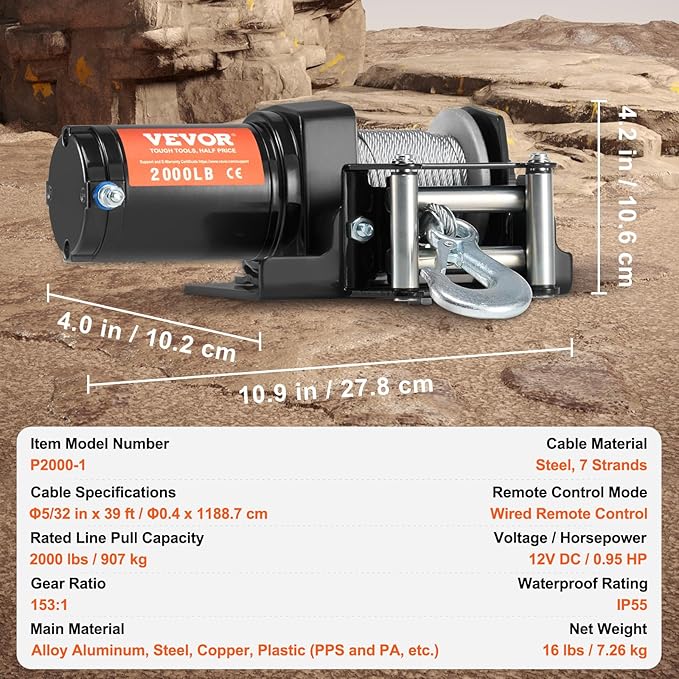 VEVOR ATV Winch, 2000 lb Electric Winch, 12V Small ATV UTV Winch with 5/32 in x 39 ft Steel Cable Roller Fairlead Wired Remote Control, IP55 Waterproof for Towing UTV ATV Car Vehicle Off-Road