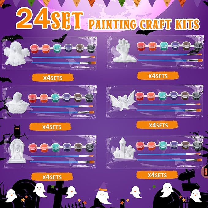 Foilswirl 24 Set Halloween Ceramic to Paint DIY Ghost Tombstone Bat Pumpkin Haunted House Crafts Painting Kit Unpainted Crafts with Brush Bag for Halloween Party Favor Gifts Boo Basket Stuffers