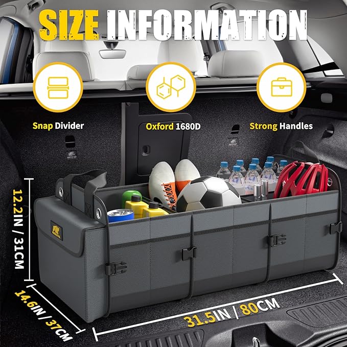 MIKKUPPA Car Trunk Organizer with Cooler - 100L Large Car Organizer, 1680D Oxford Collapsible Suv Trunk Storage with 2 Adjustable Straps for Auto, Truck, Suv (Gray)