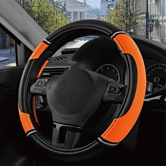 Road Comforts Leather Steering Wheel Cover - Made with PVC Leather - Anti-Slip, Universal Fit 14 1/2 inches to 15 inches - Orange