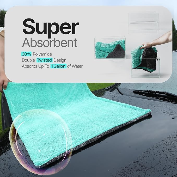 Quick & Effortless XL (36x24) Car Drying Towel with Double Twisted Loop - 1300GSM Super Absorbent Microfiber Towel Perfect for Large Vehicles, The Ultimate One-Pass Shine Zero Streaks, Zero Spots