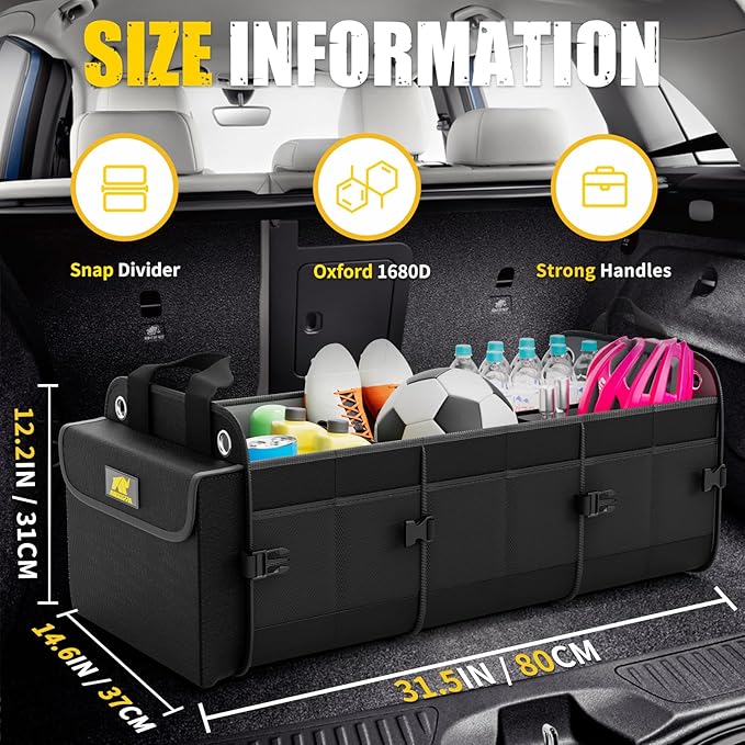 MIKKUPPA Car Trunk Organizer with Cooler - 100L Large Car Organizer, 1680D Oxford Collapsible Suv Trunk Storage with 2 Adjustable Straps for Auto, Truck, Suv (Black)
