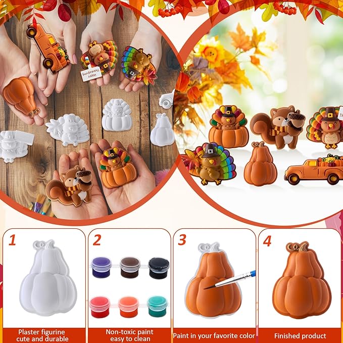 Foilswirl 24 Set Thanksgiving Turkey Ceramic to Paint Thanksgiving DIY Painting Kit Paint Your Own Fall Pumpkin Crafts Unpainted Turkey Figurine Plaster with Brushes Bags for Decor Party Favor Gifts