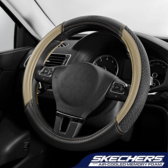 Skechers Air-Cooled Steering Wheel Cover,Leather Car Steering Wheel Cover Universal Fit 14" 1/2-15" Car Wheel Protector for Men Women Fit Suvs,Vans,Sedans,Car,Trucks,Beige