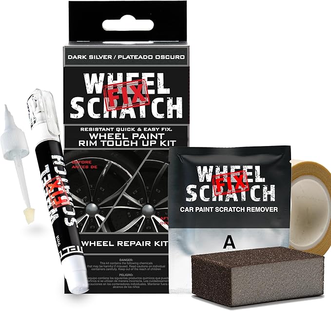 Wheel Scratch Fix® Dark Silver Rim Touch Up Paint, Wheel Scratch Repair Kit, Alloy Curb Rash Repair Kit, Rim Touch Up Pen, Universal Wheel Paint, DIY Alloy Rim Repair (Dark Silver)
