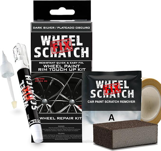 Wheel Scratch Fix® Dark Silver Rim Touch Up Paint, Wheel Scratch Repair Kit, Alloy Curb Rash Repair Kit, Rim Touch Up Pen, Universal Wheel Paint, DIY Alloy Rim Repair (Dark Silver)