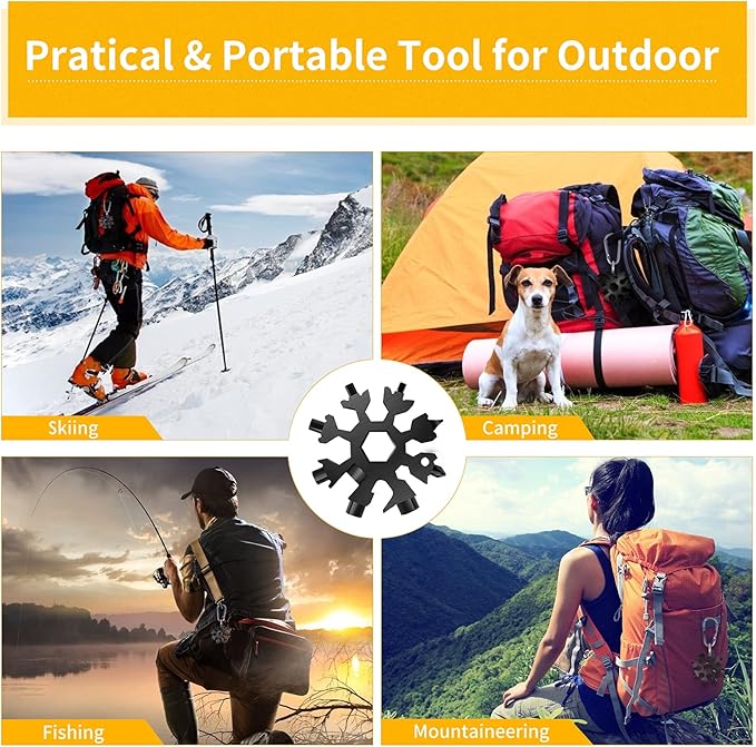 FZENeast Snowflake Multitool, 3 Pcs 18-in-1 Stainless Steel Snowflake Standard Multi-Tool, Snowflake Wrench with Key Ring, Carabiner Clip and Storage Bag (Black)