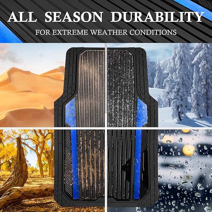 CAR PASS Heavy Duty Rubber Car Mats Metallic,Aluminum Film All Weather Floor Mats Waterproof Universal Trim to Fit Automotive SUV Sedan Van 4 Piece Anodized Deep Dish Two-Tone Sporty Black Blue Chrome