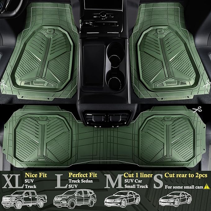 CAR PASS Heavy Duty Rubber Car Mats, Deepdish All Weather Floor Mats for Car Full Set, Universal Automotive Mats Trim to Fit for Sedans SUVs Trucks, Waterproof Anti-Slip Deep Tray 3 Pieces Olive Green
