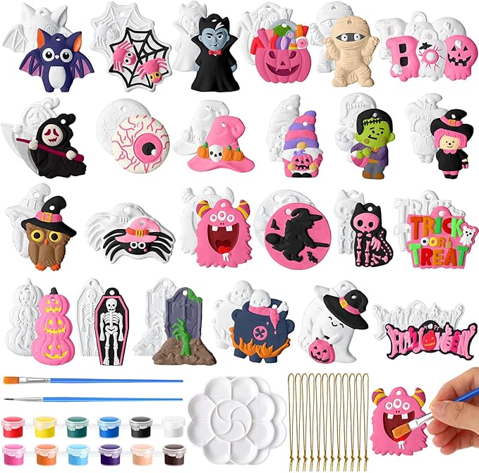 Seenelling 24 Sets Halloween DIY Painting Kits Paint Your Own Ceramics Pumpkin Ghost Unpainted Plaster Statues Arts and Crafts with Brush, Lanyard for Kids Halloween Gifts Party Decor(Kawaii)