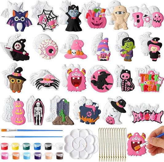 Seenelling 24 Sets Halloween DIY Painting Kits Paint Your Own Ceramics Pumpkin Ghost Unpainted Plaster Statues Arts and Crafts with Brush, Lanyard for Kids Halloween Gifts Party Decor(Kawaii)