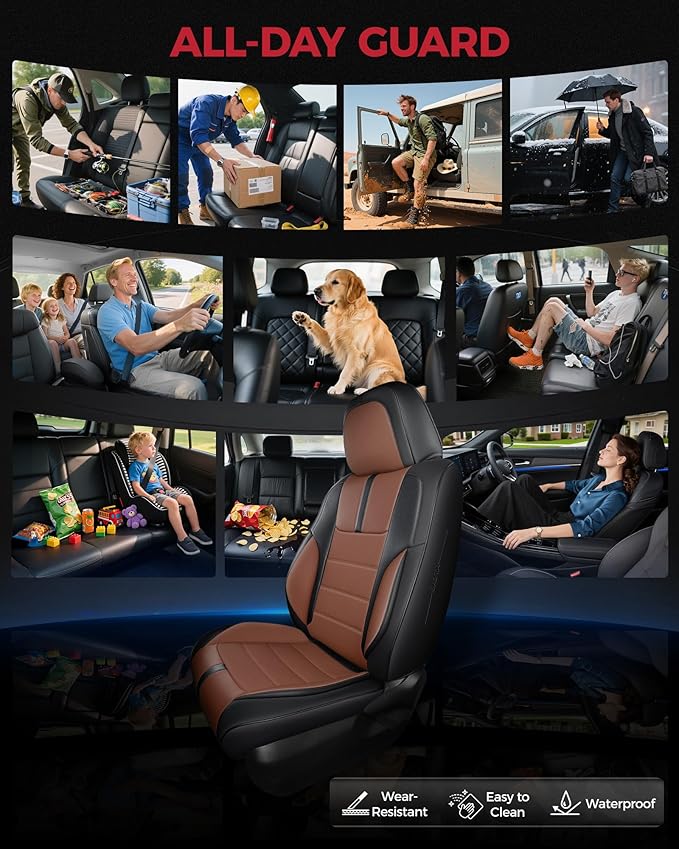 FREESOO Black Brown Front Car Seat Covers - Faux Nappa Leather Seat Covers for Cars, with Carbon Fiber Texture Seatbelt Pads, Ultra Cushion Protectors Fit for Most Vehicles Sedans SUV Trucks Maverick