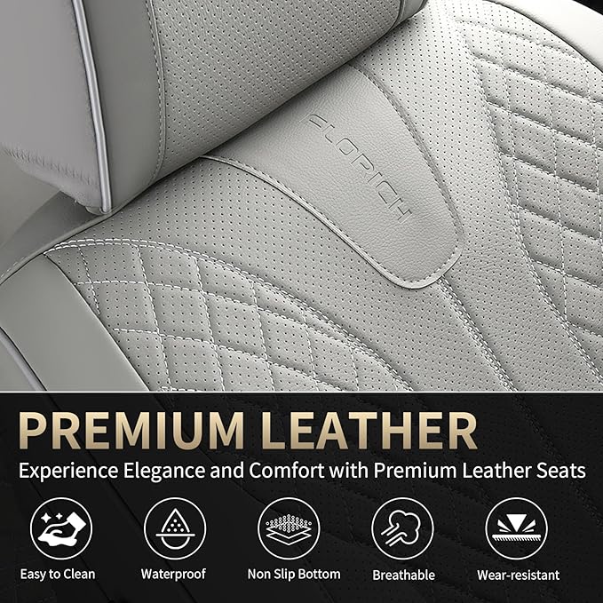 FLORICH Car Seat Covers, Leather Seat Cover for Cars Waterproof Seat Covers Full Set Universal Seat Covers for Cars Seats Protectors Car Seat Cushion Universal Fit for Most Cars SUV Trucks, Gray