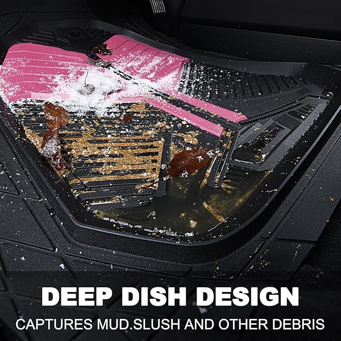 CAR PASS Heavy Duty Rubber Car Mats, Deep Dish Car Floor Mats All Weather, Car Mats Full Set 3-Piece Trim to Fit for Sedans SUVs Trucks,Women Waterproof Anti-Slip Automotive Mats, V12 Black and Pink