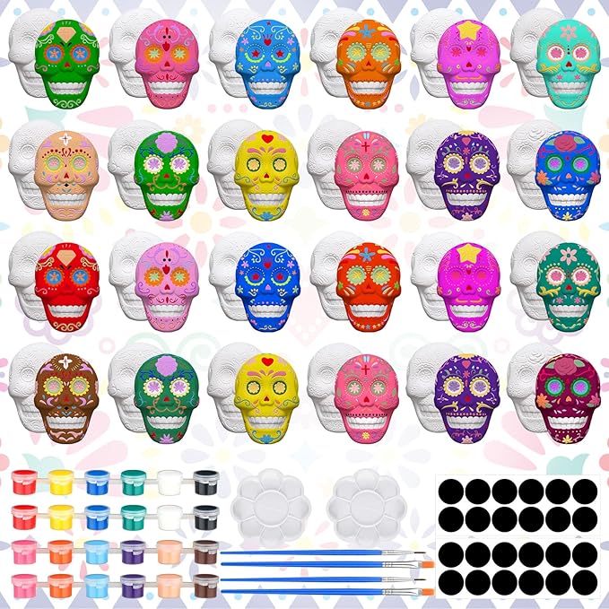 Simgoing 24 Sets Day of The Dead Sugar Skull Ceramic Painting Kit for Adults Dia De Los Muertos Decor Halloween Figurines Crafts Paint Your Own DIY Skull Figurines with 24 Magnet