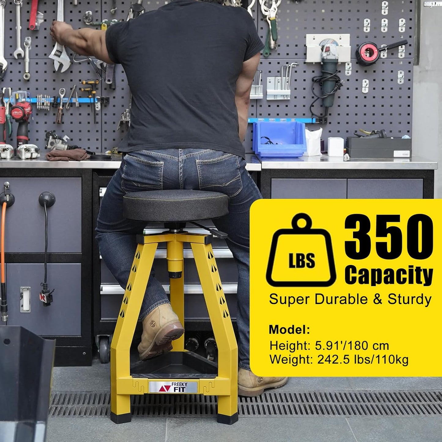 Adjustable Tall Shop Stool, Mechanic Garage Bar Stool Chair, Work Metal Chair for Workshop,360° Swivel Padded Seat, Tool Tray Storage, 350 LBS Capacity, Heavy Duty, Yellow