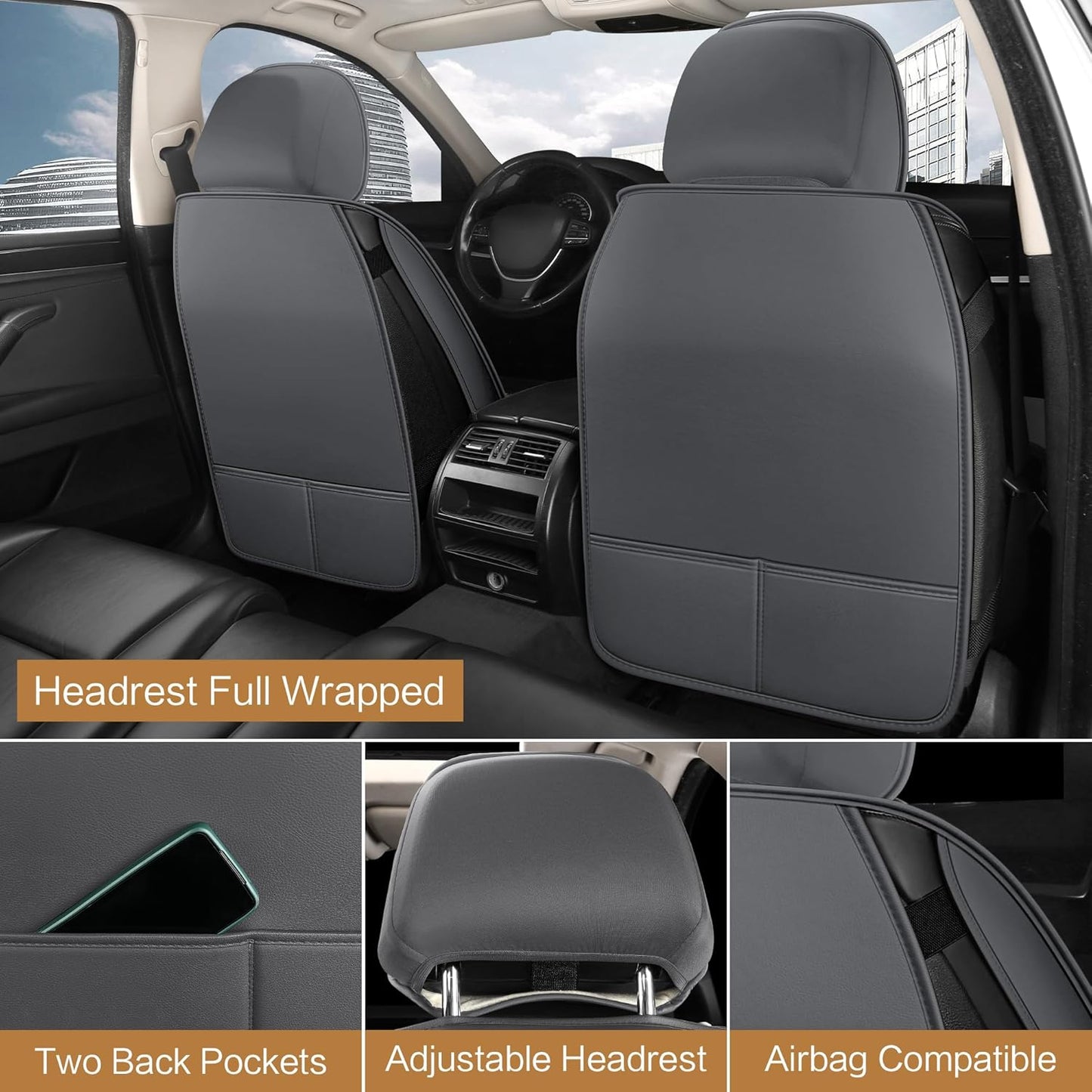 Pariitadin Leather Car Seat Covers Front Pair, Waterproof Breathable Faux Leather Automotive Seat Covers for Cars, Non-Slip Car Interior Covers Universal Fit Most Cars Sedans Trucks SUVs, Gray