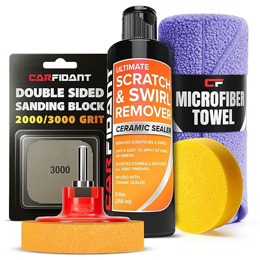 Carfidant Scratch and Swirl Remover - Car Scratch Remover for Vehicles Paint - Polishing Compound for Cars - Paint Restorer Kit with Pad, Microfiber and Sanding Block