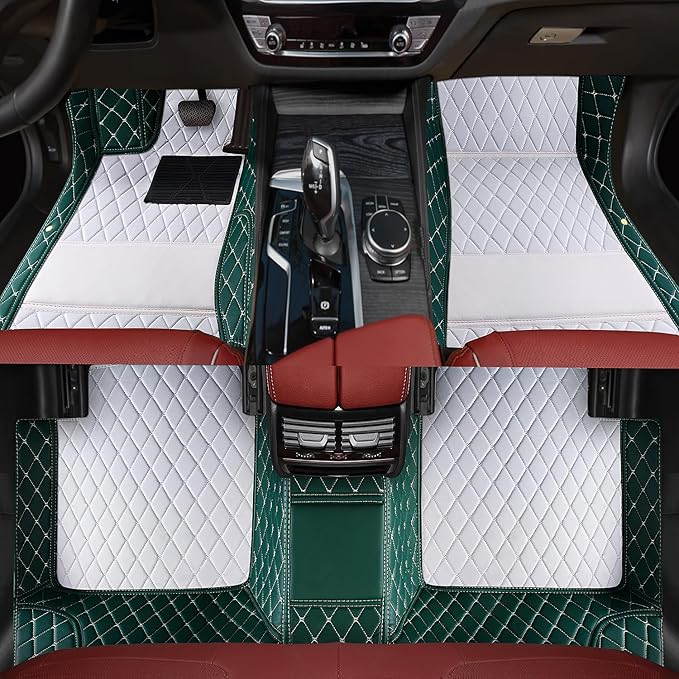 Custom Floor Mats - Suitable for 99% Cars, Trucks, SUVs - All Weather Personalized, Full Coverage Luxury Mats - Anti-Slip Leather - Green and White
