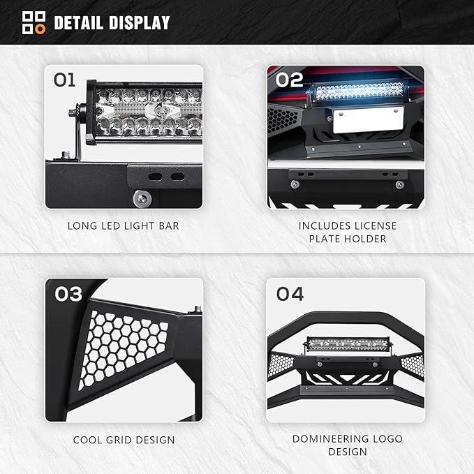 for Frontier Bull Bar Front Brush Guard with LED Light Bar & License Plate Frame Compatible with 2005-2021 Nissan Frontier, Truck Guard Grille Bumper Push Bar (Include Light Mount & Skid Plate)