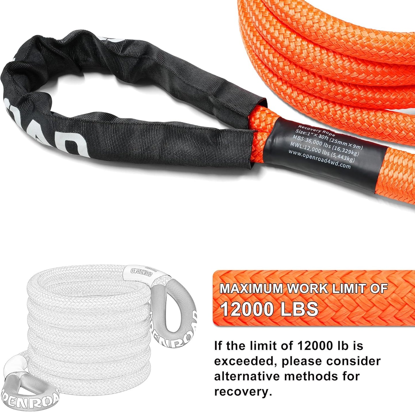 OPENROAD 1" x30ft Kinetic Recovery Rope 36,000LBS Heavy Duty Offroad Tow Strap, 35% Elasticity Snatch Rope for Jeep, Truck, ATV, UTV - Orange (Includes Storage Bag)
