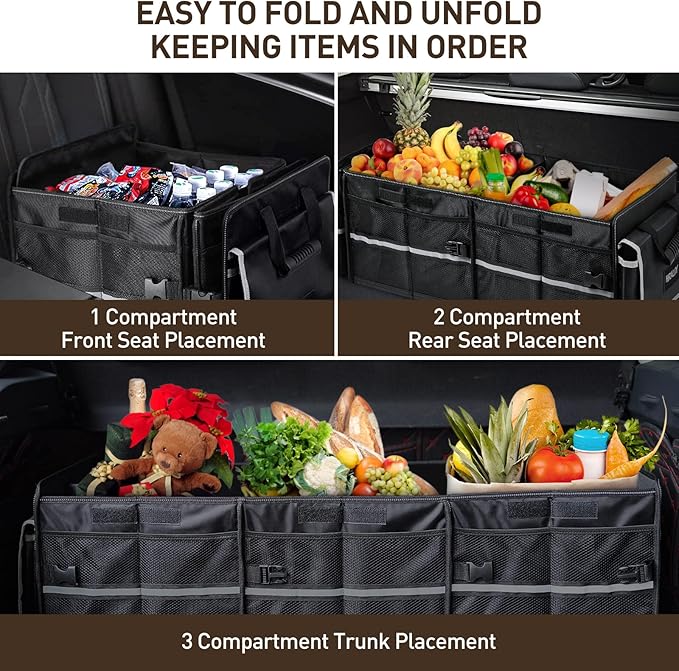 HIRALIY 4 in 1 Car Trunk Storage Organizer, Multi Compartment Foldable Trunk Storage Box with Leakproof Insulated Bag for Car Truck SUV