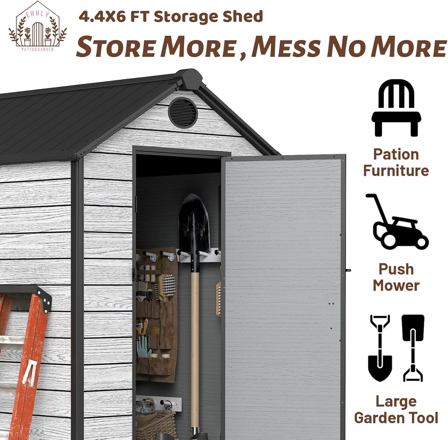 4.4x6 FT Resin Outdoor Storage Shed Large, 230 Cuft Garden Tool Sheds & Outdoor Storage Plastic Shed with Floor, 7FT Tall Backyard Outside Lawn Mower Storage Shed with Side Window, Cemented Grey
