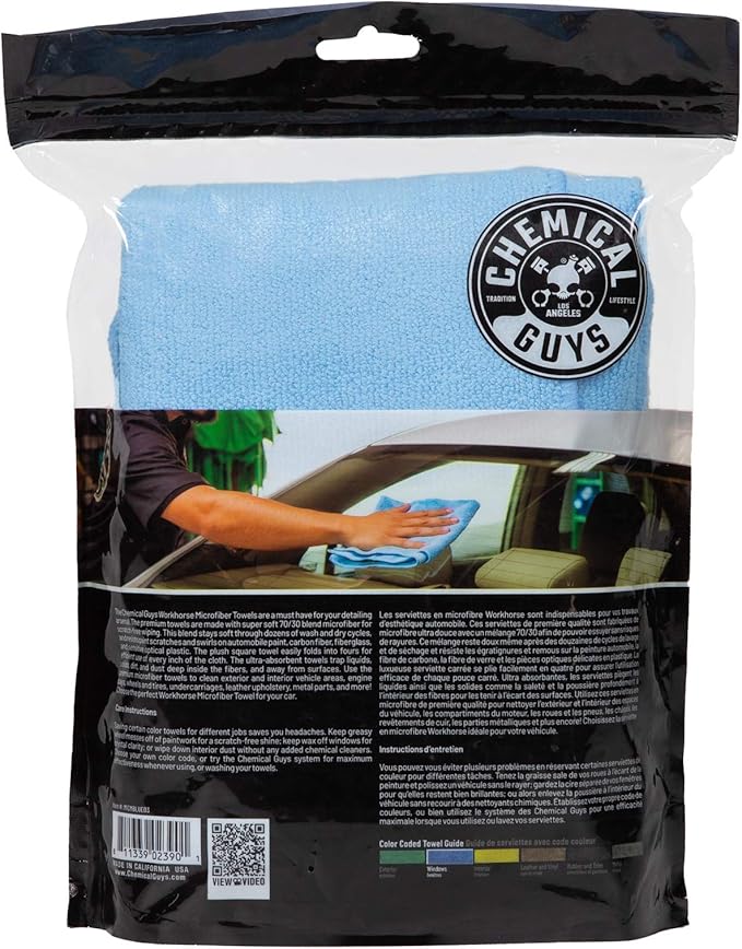 Chemical Guys MICBLUE03 Workhorse Professional Microfiber Towel, Blue (Safe for Car Wash, Home Cleaning & Pet Drying Cloths) 16" x 16", Pack of 3