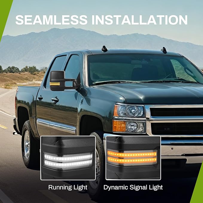 AUTOSAVER88 Towing Mirror Compatible with 2003-2006 Silverado Sierra 1500 2500HD 3500HD Tahoe Yukon, Power Heated Switchback LED Turn Signal Light (Chrome inside) Manual Telescoping Folding Black