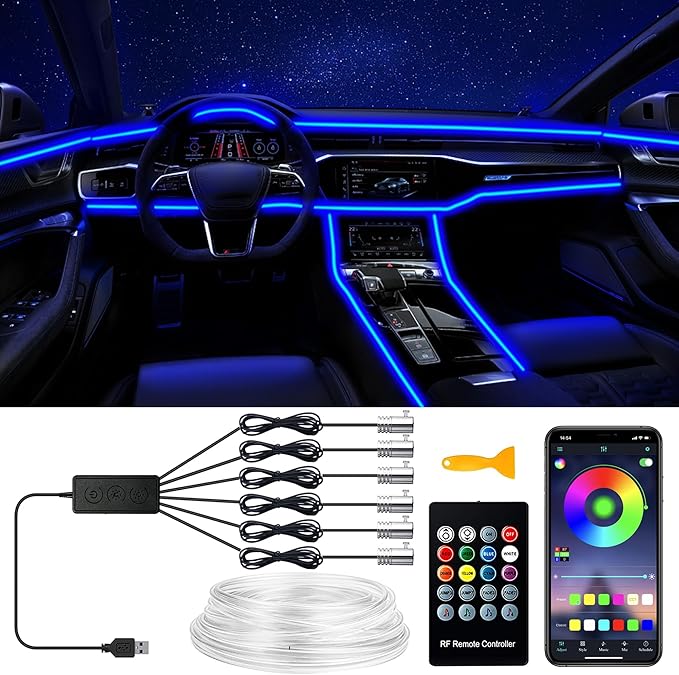 Interior Car LED Strip Lights, RGB 6 in 1 Ambient Lighting Kits with 315 inches Fiber Optic, 16 Million Colors Music Sync USB Car Interior Lights with Wireless APP/Button/RF Remote Control (6 in 1)