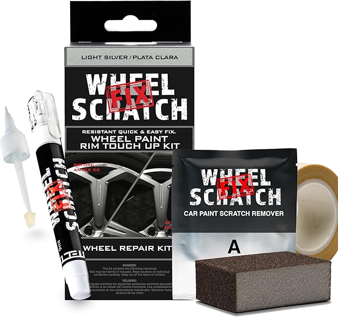 Wheel Scratch Fix® Light Silver Rim Touch Up Paint, Wheel Scratch Repair Kit, Alloy Curb Rash Repair Kit, Rim Touch Up Pen, Universal Wheel Paint, DIY Alloy Rim Repair (Light Silver)