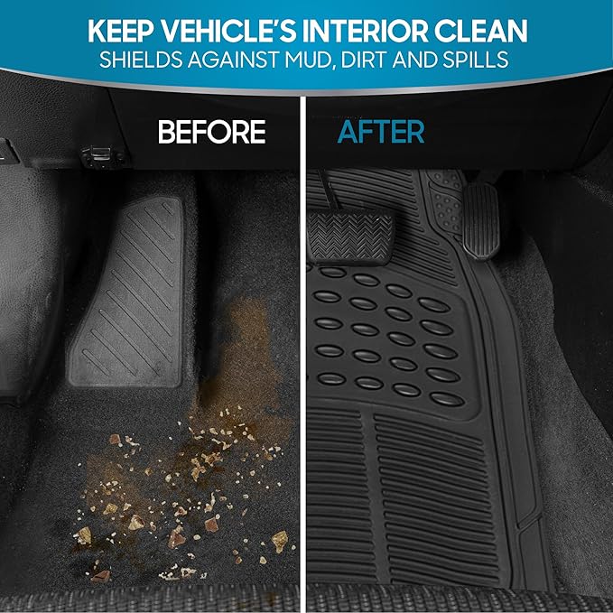 BDK ProLiner Floor Mats for Cars Trucks SUV, 2-Piece All-Weather Car Mats with Universal Fit Design, Durable Car Floor Mats with Capture Ridges, Waterproof Rubber Floor Mats for Cars (Black)