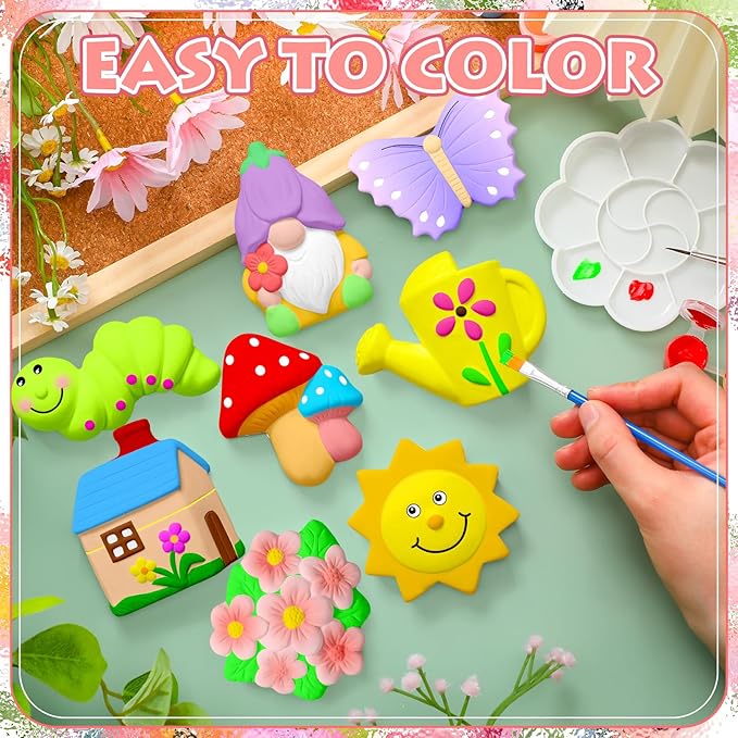 Simgoing 24 Sets Spring Theme Arts and Crafts Set Ceramic Painting Kit Unpainted Paintable Ceramics with 24 Magnet 2 Palette and 4 Brushes, Paint Your Own DIY Figurines
