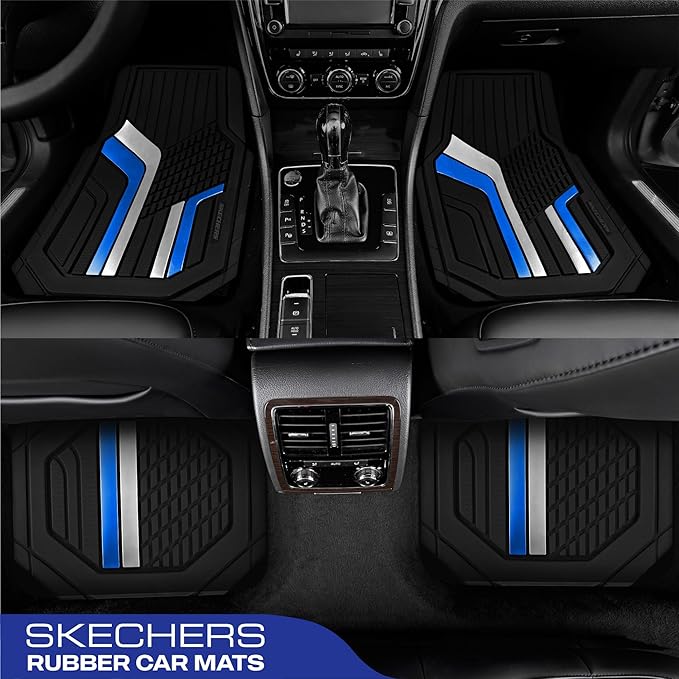 Skechers Heavy Duty Rubber Car Floor Mats,Dual Color Design Floor Mats,All Weather Car Mats,Waterproof Trim To Fit Universal Floor Liner Car Accessories,Automotive Floor Mats For Cars Trucks Suvs,Blue