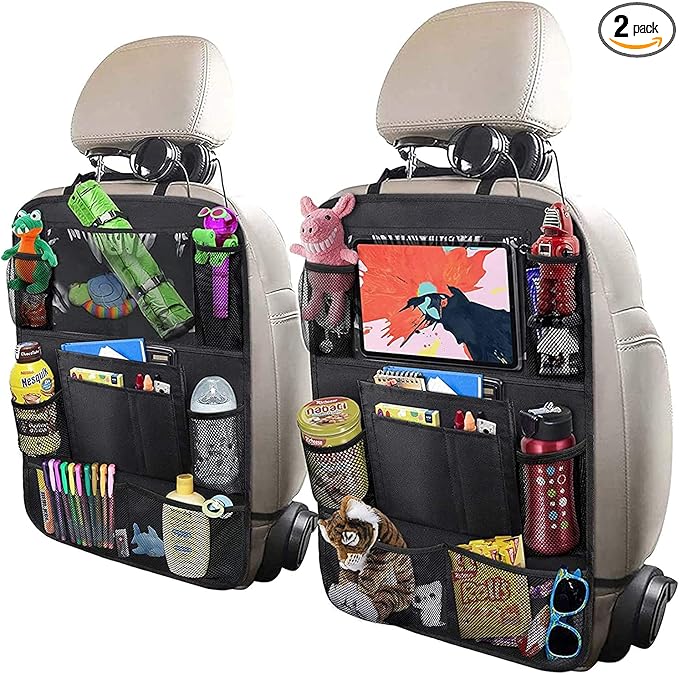 Car Backseat Organizer with 10" Table Holder, 9 Storage Pockets Seat Back Protectors Kick Mats for Kids Toddlers, Travel Accessories, 2 Pack